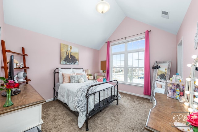 bedroom featuring lofted ceiling, carpet flooring, visible vents, and baseboards