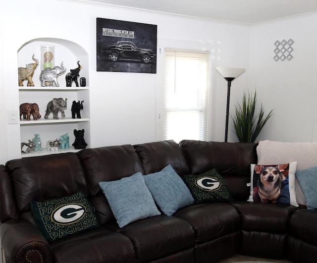 living area with ornamental molding