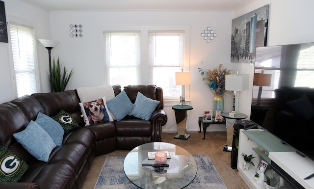 carpeted living room with ornamental molding