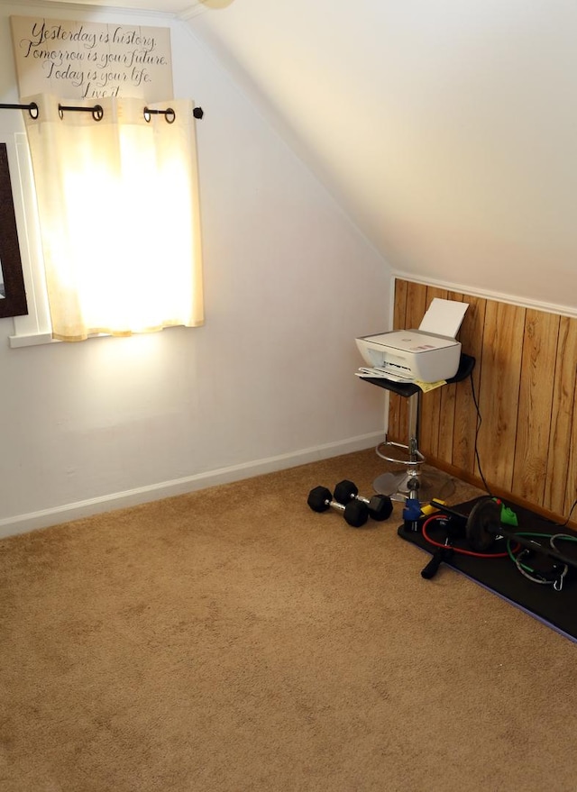 interior space with lofted ceiling, carpet, and baseboards