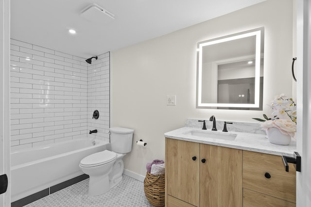 full bathroom featuring tile patterned flooring, toilet, shower / bath combination, vanity, and baseboards