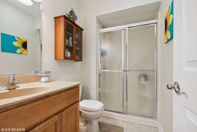 full bath with toilet, a shower stall, vanity, and tile patterned floors