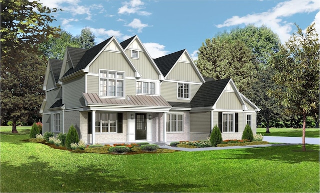 view of front of home featuring brick siding, a front lawn, a porch, and board and batten siding