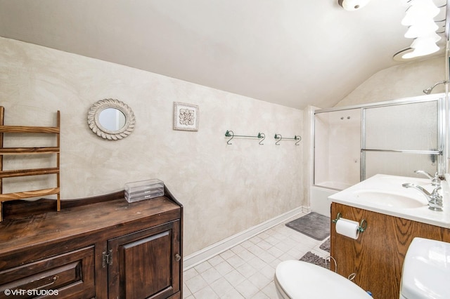 full bathroom with lofted ceiling, baseboards, vanity, and toilet