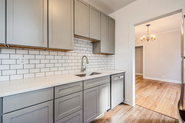 kitchen featuring light stone counters, gray cabinetry, a sink, stainless steel dishwasher, and decorative backsplash