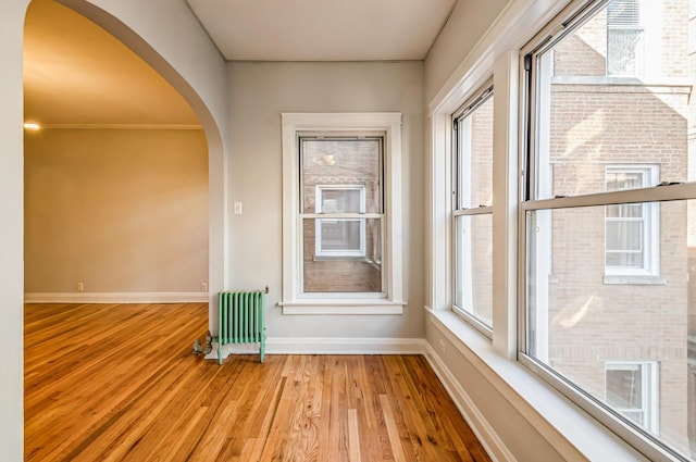 interior space featuring arched walkways and radiator