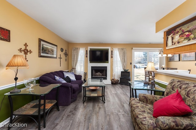 living area with a fireplace and wood finished floors