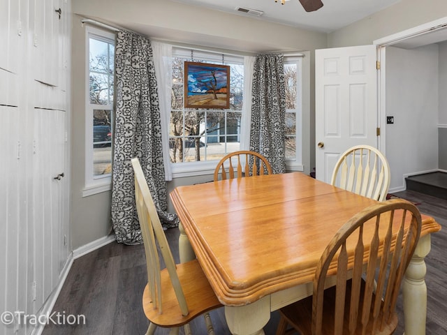 dining area with ceiling fan, dark wood-type flooring, visible vents, and baseboards