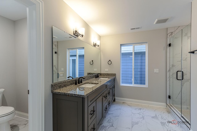 full bath with visible vents, marble finish floor, a sink, and toilet