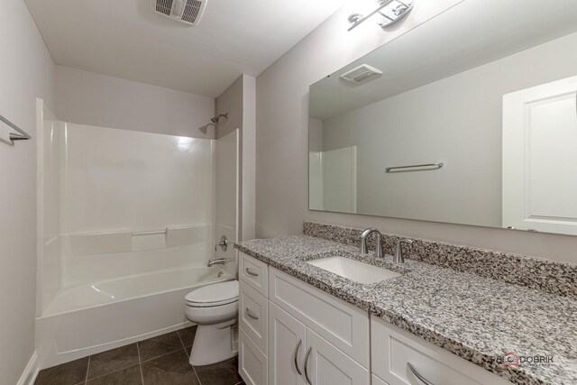 full bath with toilet, shower / tub combination, visible vents, and tile patterned floors