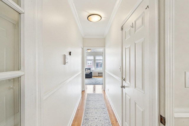 hall with ornamental molding and light wood-type flooring