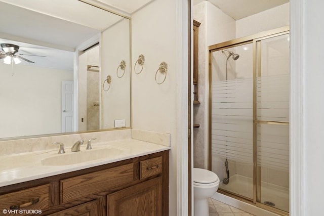 full bathroom featuring toilet, a stall shower, vanity, and tile patterned floors