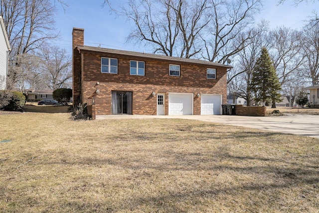 exterior space featuring brick siding, a chimney, concrete driveway, a lawn, and an attached garage