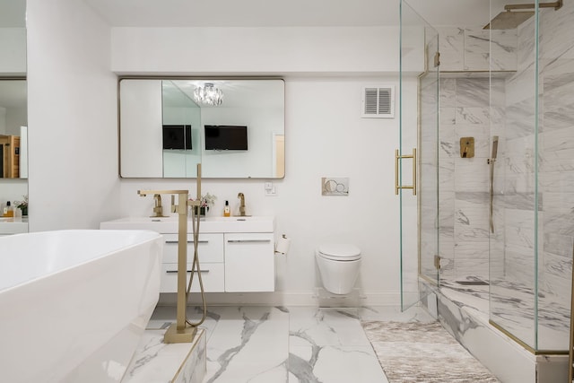 bathroom with a freestanding tub, visible vents, marble finish floor, a marble finish shower, and vanity