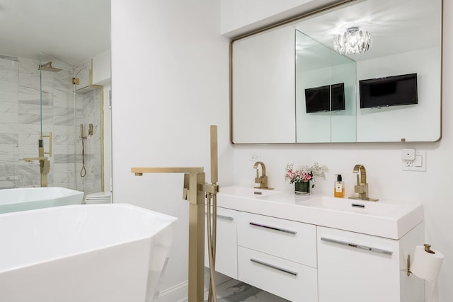 bathroom with double vanity, a shower stall, toilet, and a sink