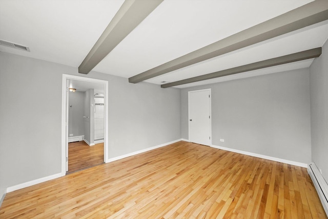 unfurnished room with a baseboard radiator, baseboards, beamed ceiling, and wood finished floors