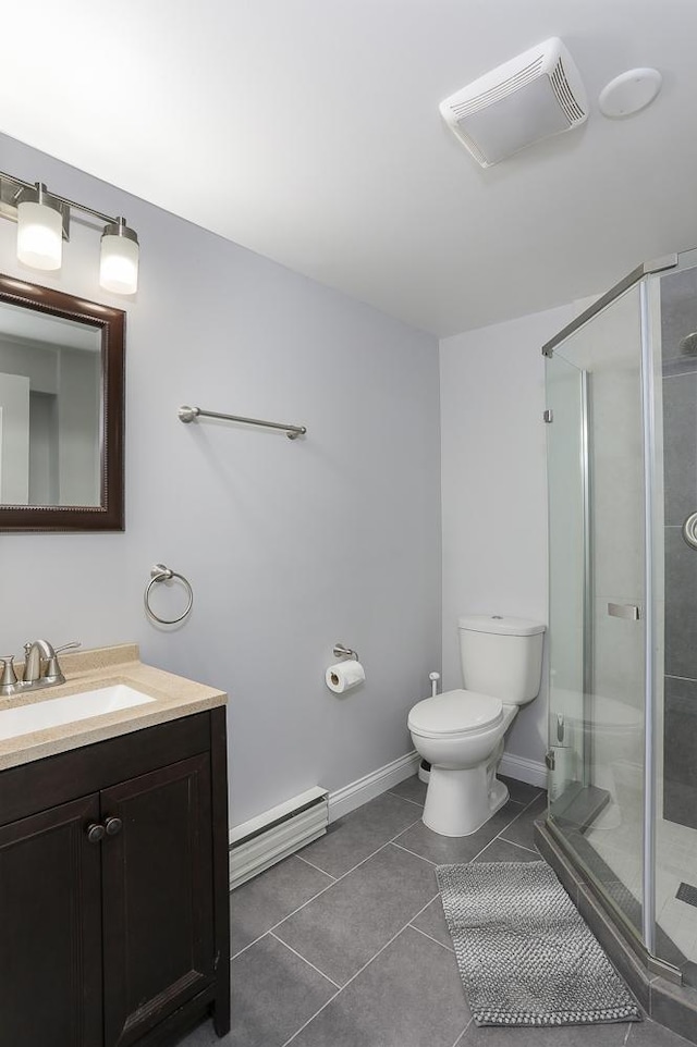 full bathroom with a baseboard radiator, toilet, visible vents, a shower stall, and tile patterned floors