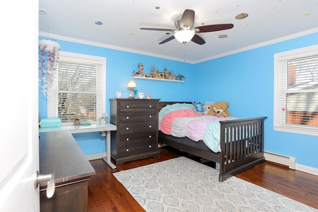 bedroom featuring crown molding, multiple windows, baseboard heating, and dark wood-type flooring