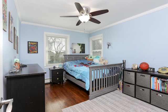 bedroom with ornamental molding, dark wood-style flooring, ceiling fan, and baseboard heating