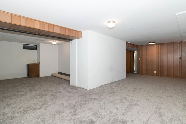 finished basement with carpet and wooden walls