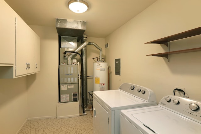 washroom with visible vents, baseboards, water heater, cabinet space, and washer and clothes dryer