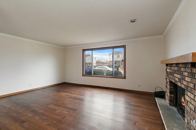 unfurnished living room featuring crown molding, a fireplace, baseboards, and dark wood-style flooring