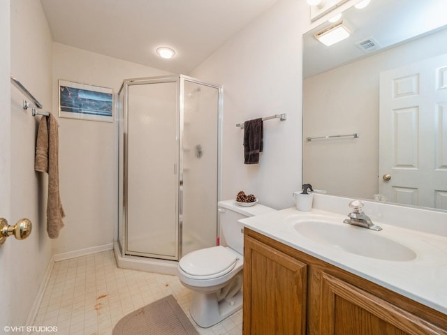 bathroom featuring toilet, a stall shower, visible vents, and vanity