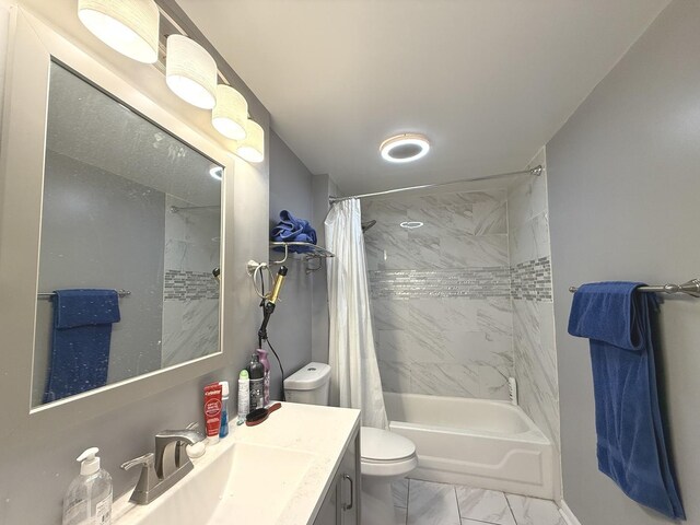 7000 Mather Ave Unit 101, Chicago Ridge, IL 60415 - full bath with marble look tile flooring, toilet, vanity, shower / tub combo, and baseboards