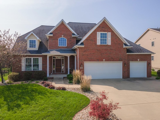 traditional-style house with driveway, a shingled roof, a front yard, and brick siding