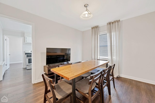 dining space with baseboards and dark wood-style flooring