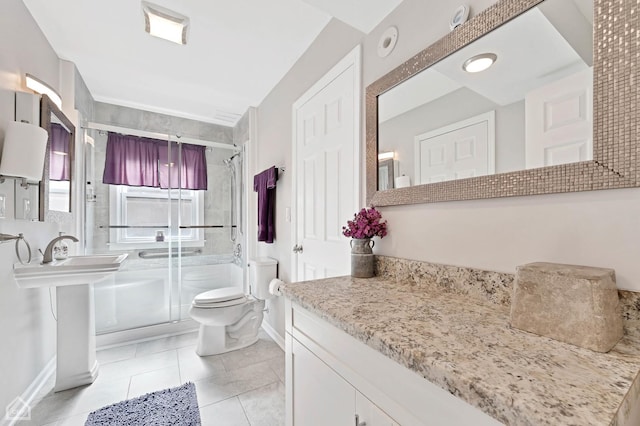 bathroom with tile patterned flooring, toilet, visible vents, baseboards, and a shower stall