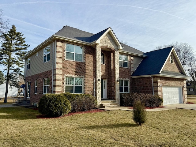 view of front of property featuring stone siding, driveway, brick siding, and a front yard