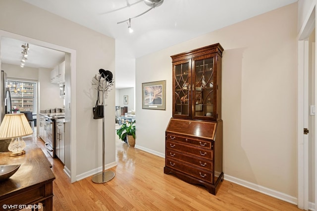 hallway featuring light wood finished floors, baseboards, and rail lighting