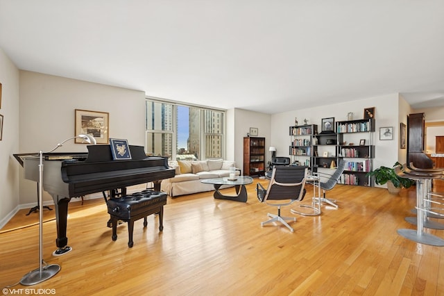 living area featuring wood finished floors and baseboards