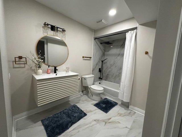 bathroom featuring toilet, marble finish floor, shower / bath combo, and baseboards