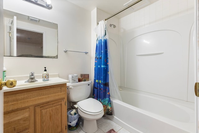 bathroom featuring visible vents, toilet, shower / tub combo, vanity, and tile patterned floors