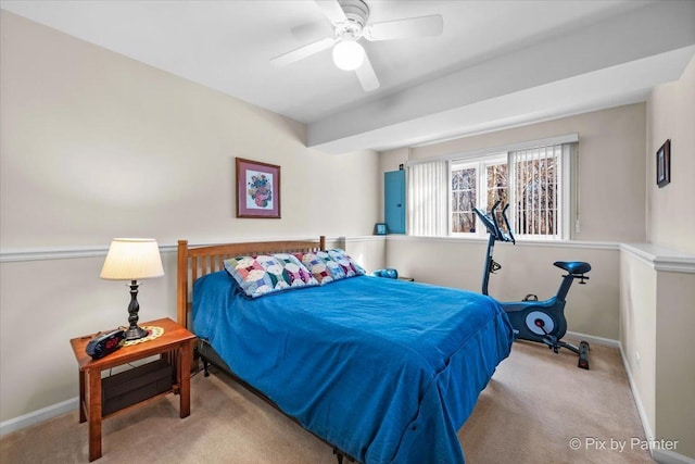 bedroom featuring carpet, baseboards, and ceiling fan