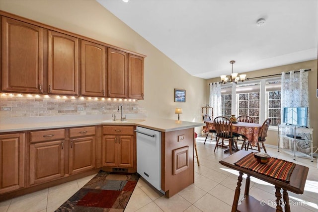 kitchen featuring tasteful backsplash, vaulted ceiling, a sink, dishwasher, and a peninsula