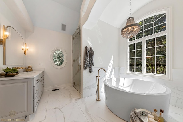 bathroom featuring vaulted ceiling, visible vents, and marble finish floor