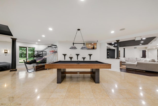 rec room with light tile patterned floors, recessed lighting, billiards, and ornate columns