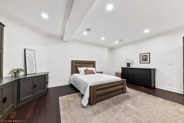 bedroom featuring recessed lighting, dark wood-type flooring, and crown molding