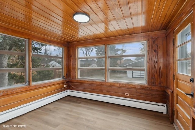 unfurnished sunroom with a baseboard heating unit and wooden ceiling