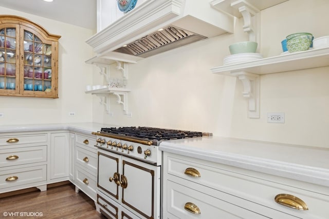 kitchen featuring premium range hood, open shelves, dark wood-style flooring, light countertops, and glass insert cabinets