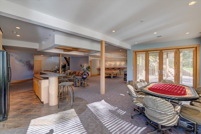 interior space with recessed lighting, french doors, baseboards, and stairs