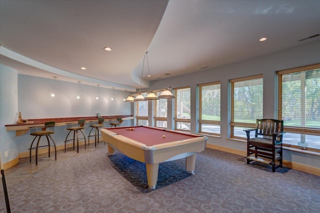 recreation room featuring recessed lighting, pool table, visible vents, baseboards, and a dry bar