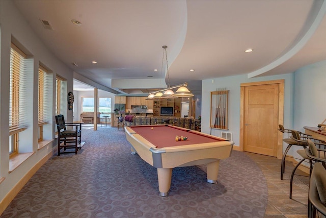 recreation room featuring recessed lighting, visible vents, baseboards, and pool table