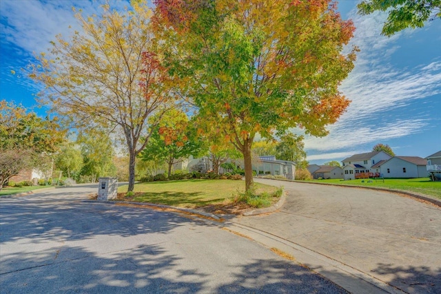 view of street with curbs and a residential view