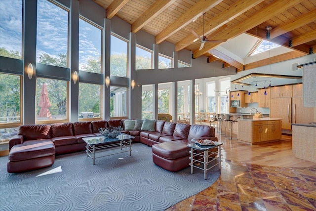 living room with wooden ceiling, high vaulted ceiling, and a wealth of natural light