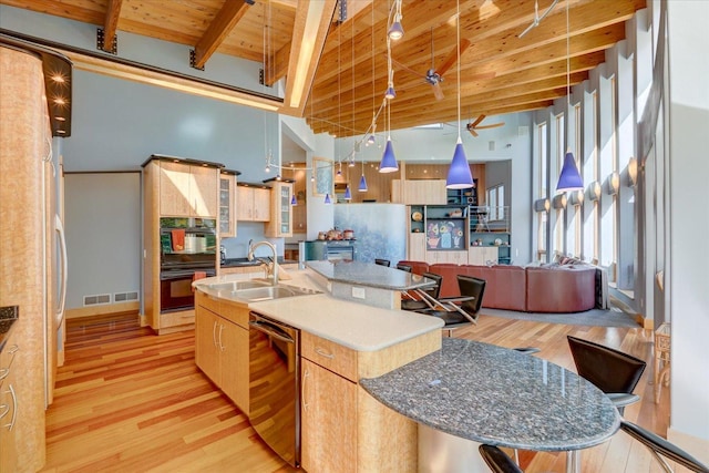 kitchen with a kitchen island with sink, decorative light fixtures, wood ceiling, dishwasher, and glass insert cabinets