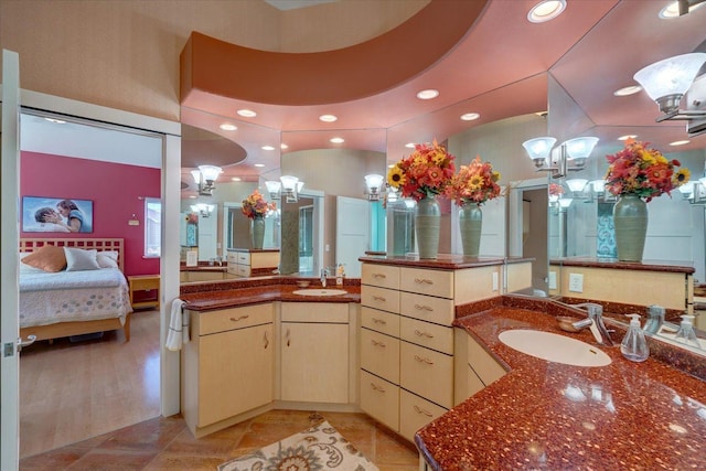 full bathroom featuring recessed lighting, ensuite bath, vanity, and tile patterned floors